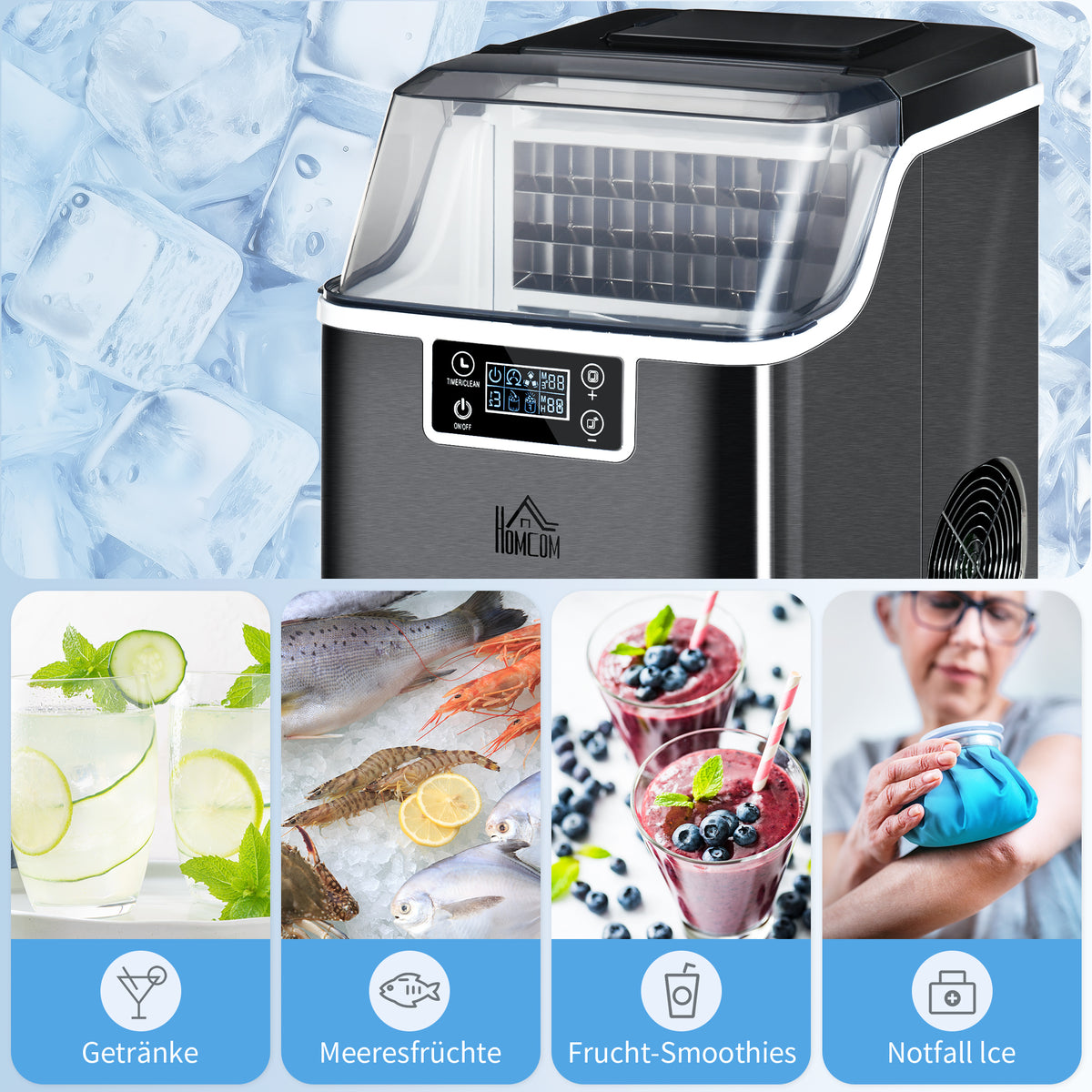 HOMCOM Eiswürfelmaschine Eiswürfelspender Ice-Maker 20kg/24h 2,3L Eiswürfelbereiter mit 3,2 L Wassertank, Schwarz