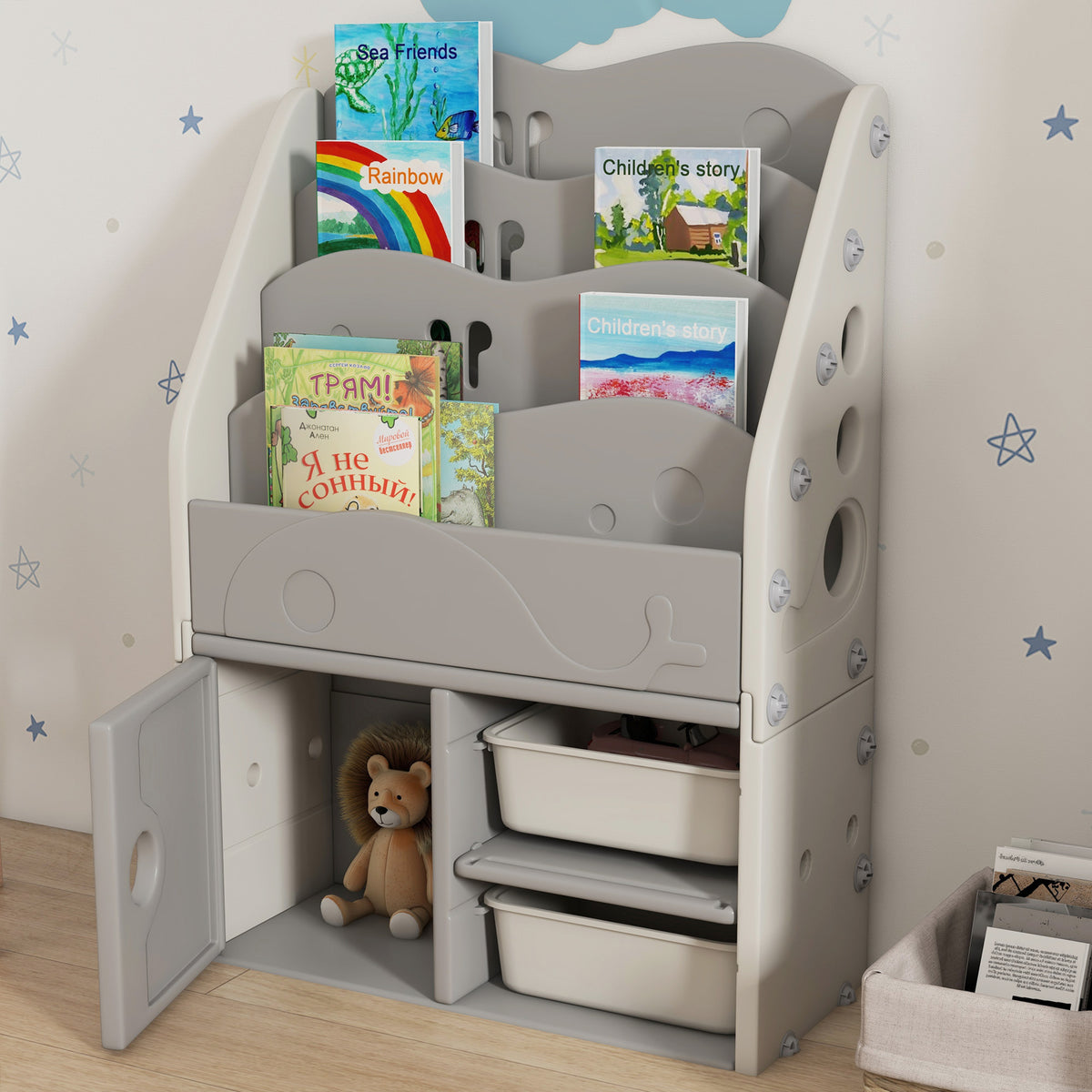 AIYAPLAY Kinderschrank, 4 Regalböden, 2 Aufbewahrungsboxen, HDPE, 67x29x98cm, Hellgrau