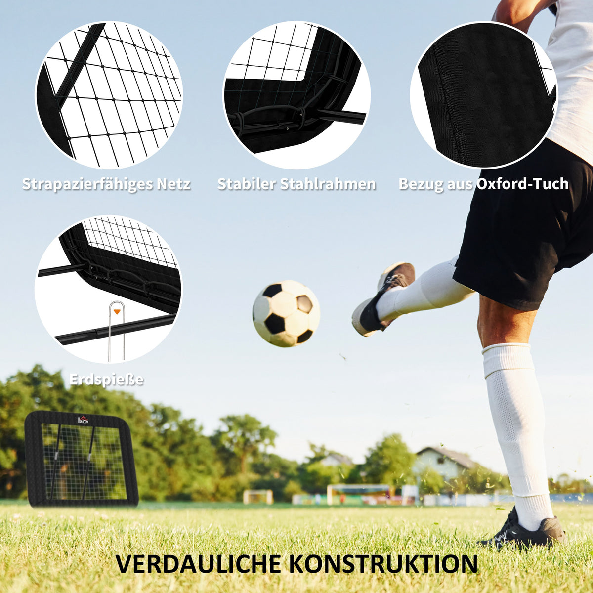HOMCOM Rebounder für Fußball, Prellwand mit Schutzkante Heringen, verstellbar in 5 Stufen, tragbares Rebound, Fußballtor für Jugendliche, Rückprallwand für Handball Training 128x118x120cm, Schwarz