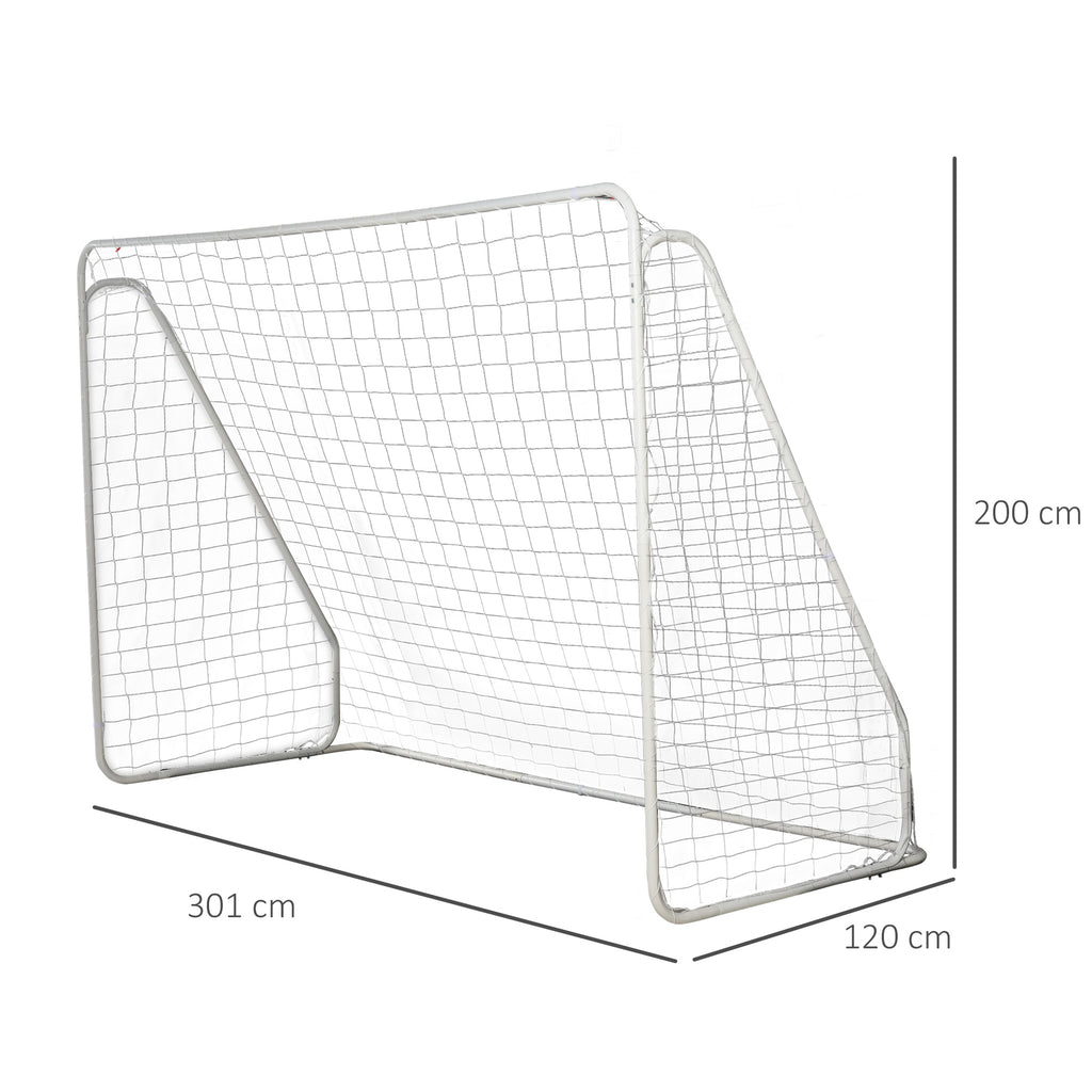 HOMCOM Fußballtor - Fußballtor - Trainingsziel Abmessungen 301L x 120B x 200H cm - epoxidbeschichteter Metallrahmen PE-Netz - Erdanker enthalten - Weiß