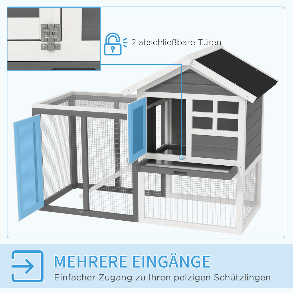 PawHut Kaninchenstall Tannenholz Outdoor Indoor Kleintierstall Kleintierhaus Kleintierkäfig Herausnehmbare Bodenwanne und Rampe Grau+Schwarz+Weiß 122 x 62,6 x 92 cm