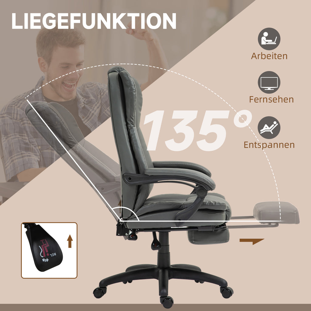Vinsetto Verstellbarer Drehstuhl mit Fußstütze, Kopfstütze, Massagefunktion, Kunstleder, 68,5x68,5x113-121cm, Dunkelgrau