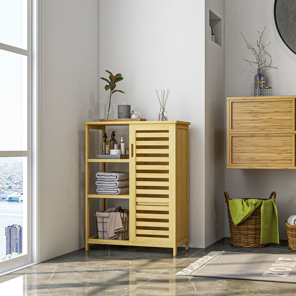 kleankin Badezimmerschrank aus Bambus, 3 Regale, 1 Schrank mit Lamellentüren, Natur