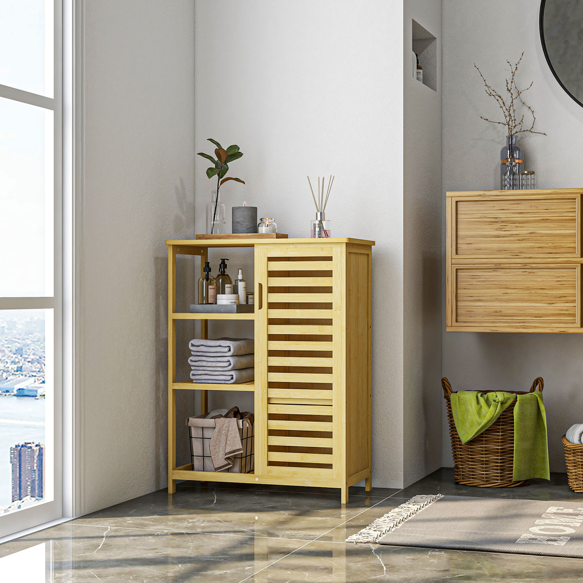 kleankin Badezimmerschrank aus Bambus, 3 Regale, 1 Schrank mit Lamellentüren, Natur