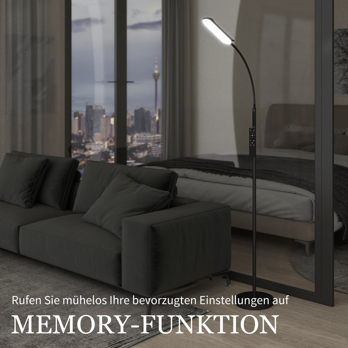 HOMCOM LED-Stehlampe, 5 Modi, Speicherfunktion, verstellbare Helligkeit, Stahl, Schwarz