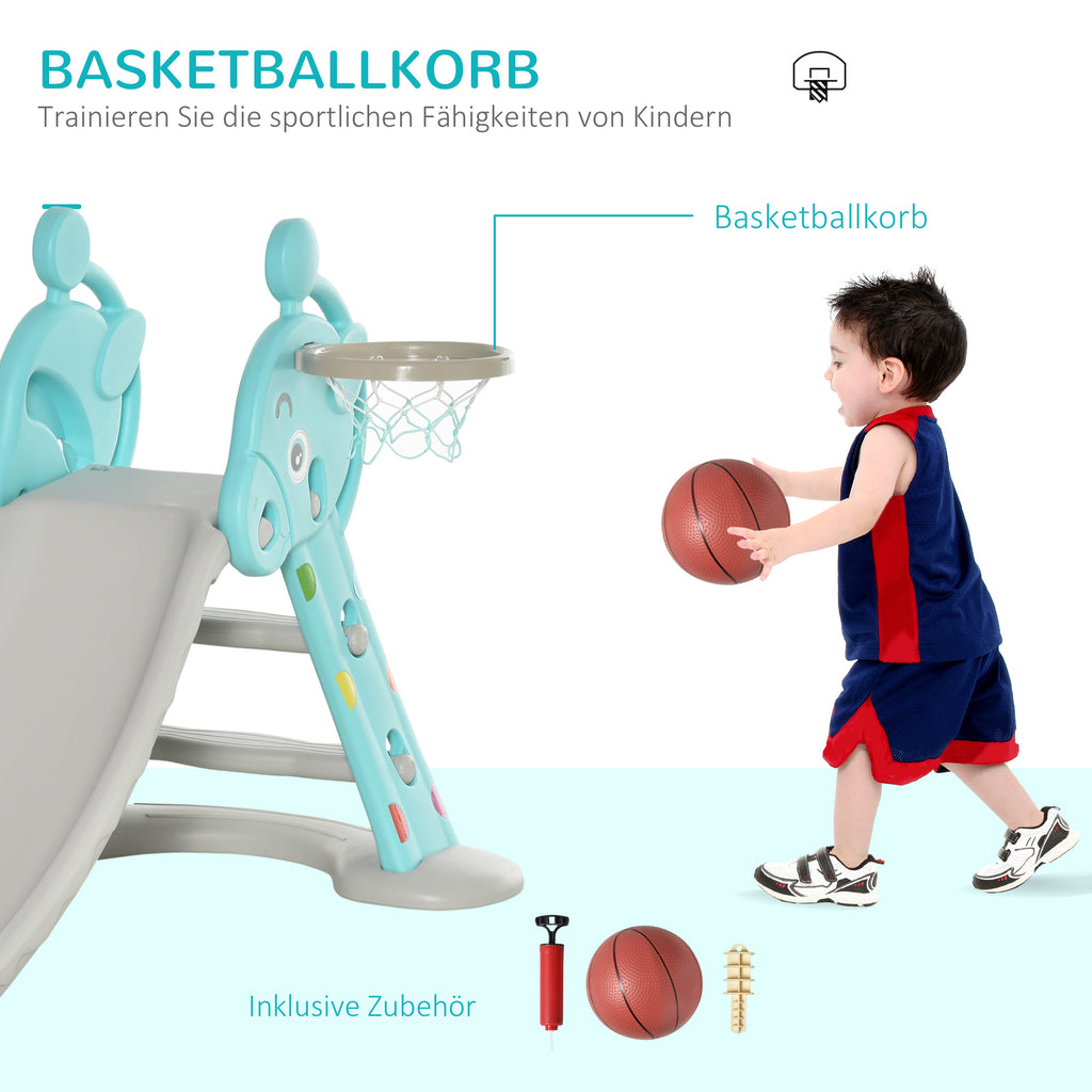 HOMCOM Kinderrutsche mit Basketballkorb faltbare Spielzeugrutsche mit verlängerter Heckkissen Dreiecksstruktur HDPE PP Hellblau+Grau 147 x 82 x 85,5 cm