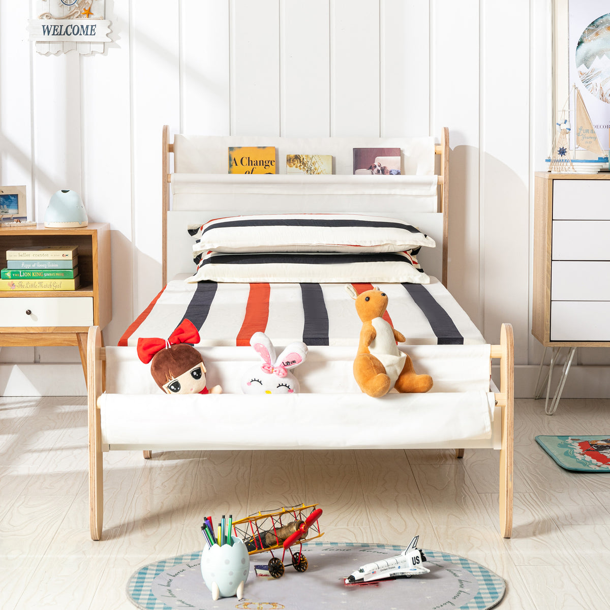 HOMCOM Kinderbett Jugendbett Hausbett mit Betttasche Spielzeugtasche ab 3 Jahre Holzbett Kinderzimmer Spielbett Einzelbett Kiefernholz Weiß+Natur 229 x 98 x 95 cm