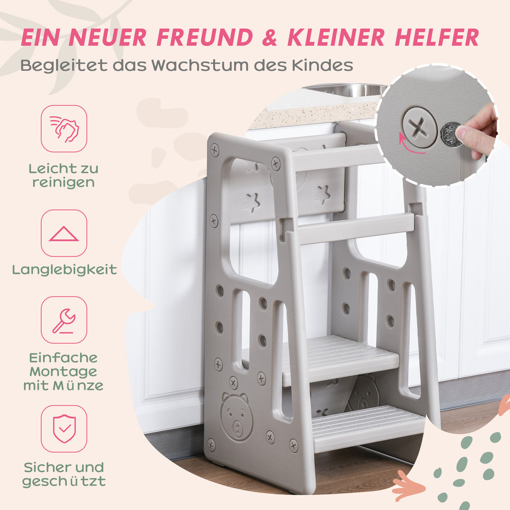 HOMCOM Lernturm für Kinder, 3-stufig höhenverstellbar, rutschfeste Füße, robuster Kunststoff, grau, 47 x 47 x 90cm