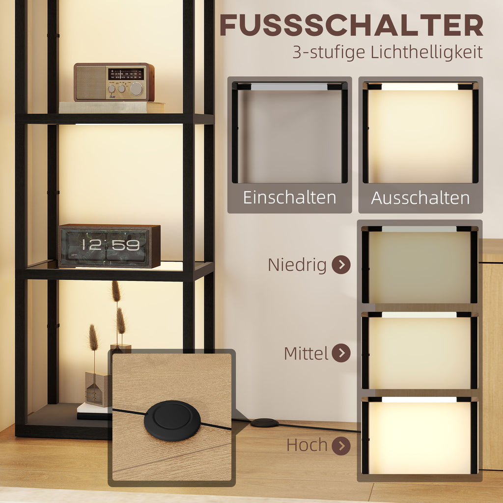 HOMCOM LED-Stehlampe mit 4-stufigem Regal, Leuchtregal mit 4 Glasfächern, Fußschalter, MDF, Schwarz