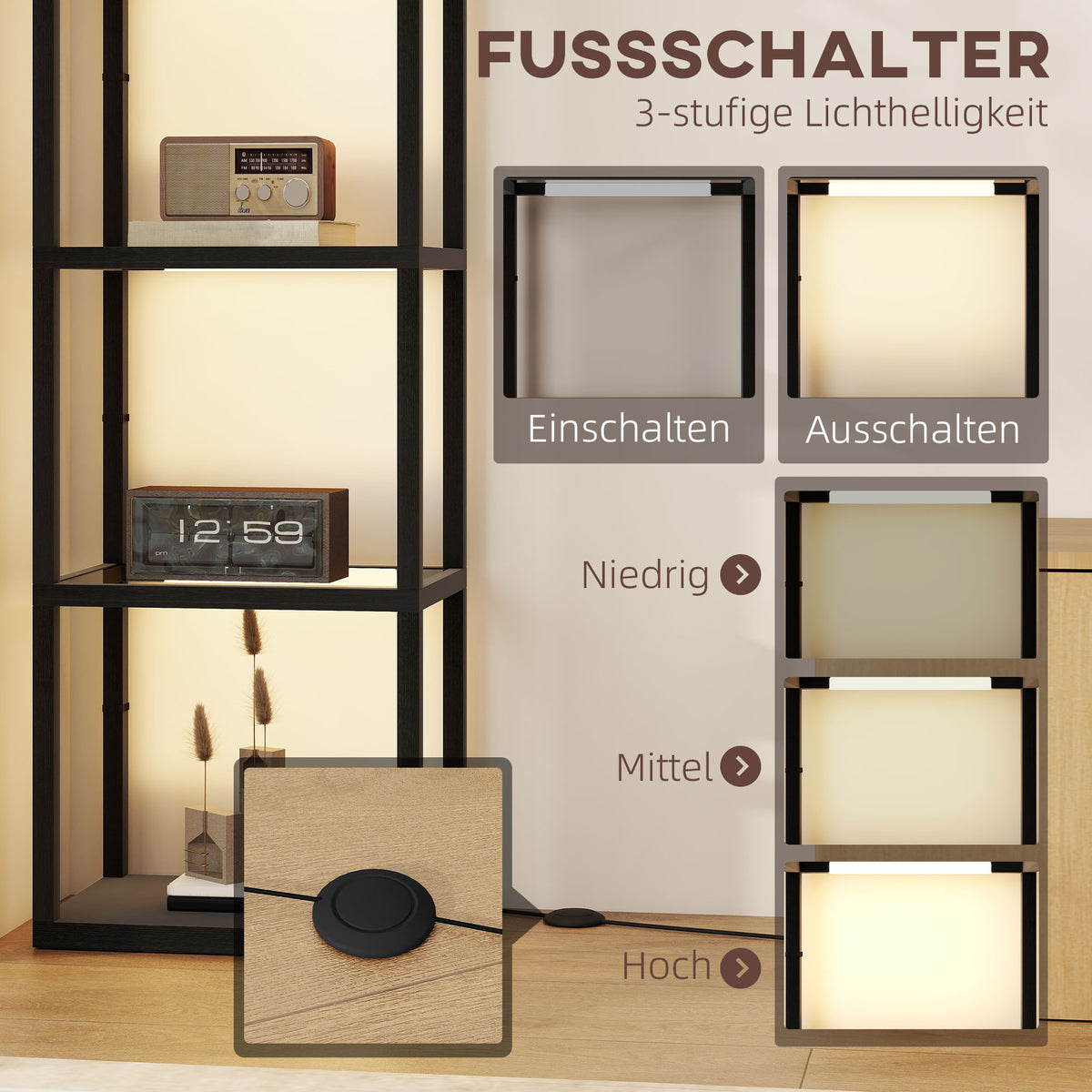 HOMCOM LED-Stehlampe mit 4-stufigem Regal, Leuchtregal mit 4 Glasfächern, Fußschalter, MDF, Schwarz