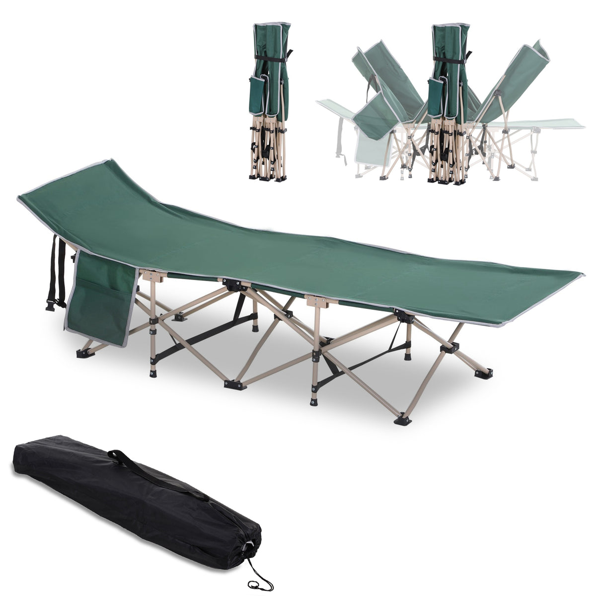 Outsunny Feldbett, Camping-Bett, klappbar, wetterbeständig, ink. Tragetasche, 190 cm x 68 cm x 52 cm, Grün + Beige