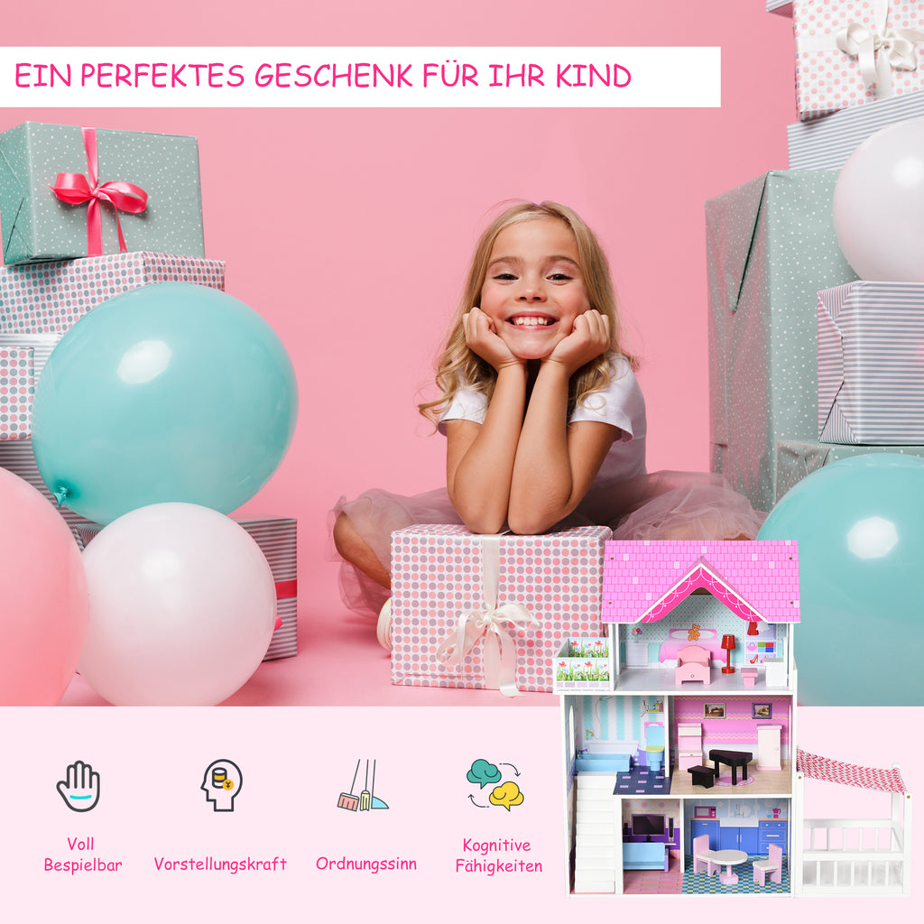 HOMCOM Puppenvilla Mädchen Spielzeug Kinder Puppenhaus aus Holz Puppenstube Dollhouse 3 Etagen mit Möbel und Zubehör 86 x 30 x 87 cm