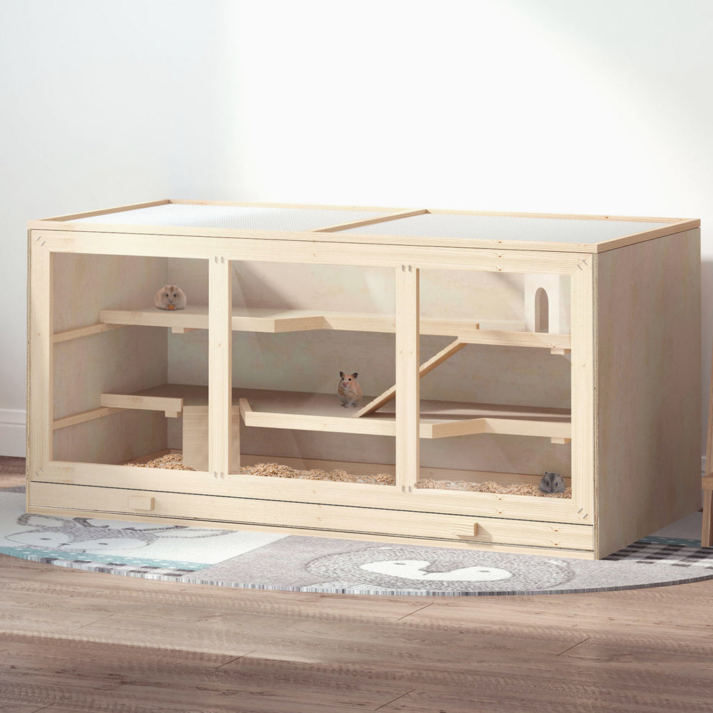 PawHut Hamsterkäfig aus Holz 3 Etagen Nagerkäfig mit reinigbar Ablage Kleintierkäfig mit klappbarem Deckel Treppen Holzkäfig Käfig für Hamster Zwerghamster 115 x 57 x 55 cm Naturholz