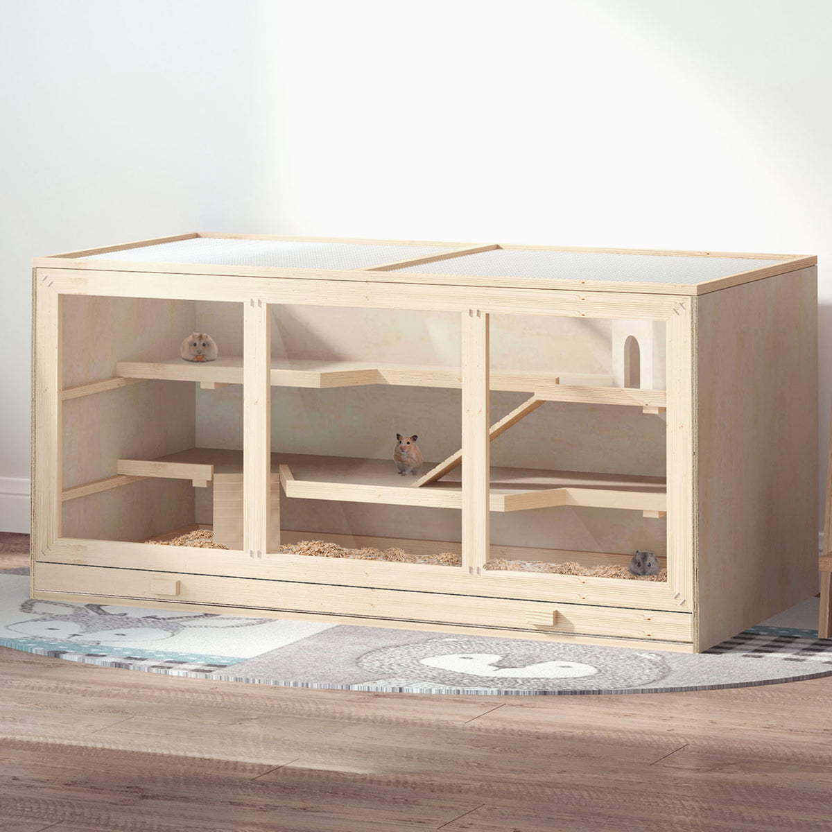 PawHut Hamsterkäfig aus Holz 3 Etagen Nagerkäfig mit reinigbar Ablage Kleintierkäfig mit klappbarem Deckel Treppen Holzkäfig Käfig für Hamster Zwerghamster 115 x 57 x 55 cm Naturholz