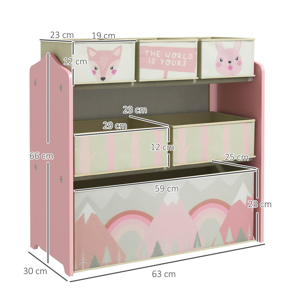 ZONEKIZ Kinderregal mit 6 abnehmbaren Stoffboxen, Spielzeug-Organizer, Regal 63L x 30B x 66H cm