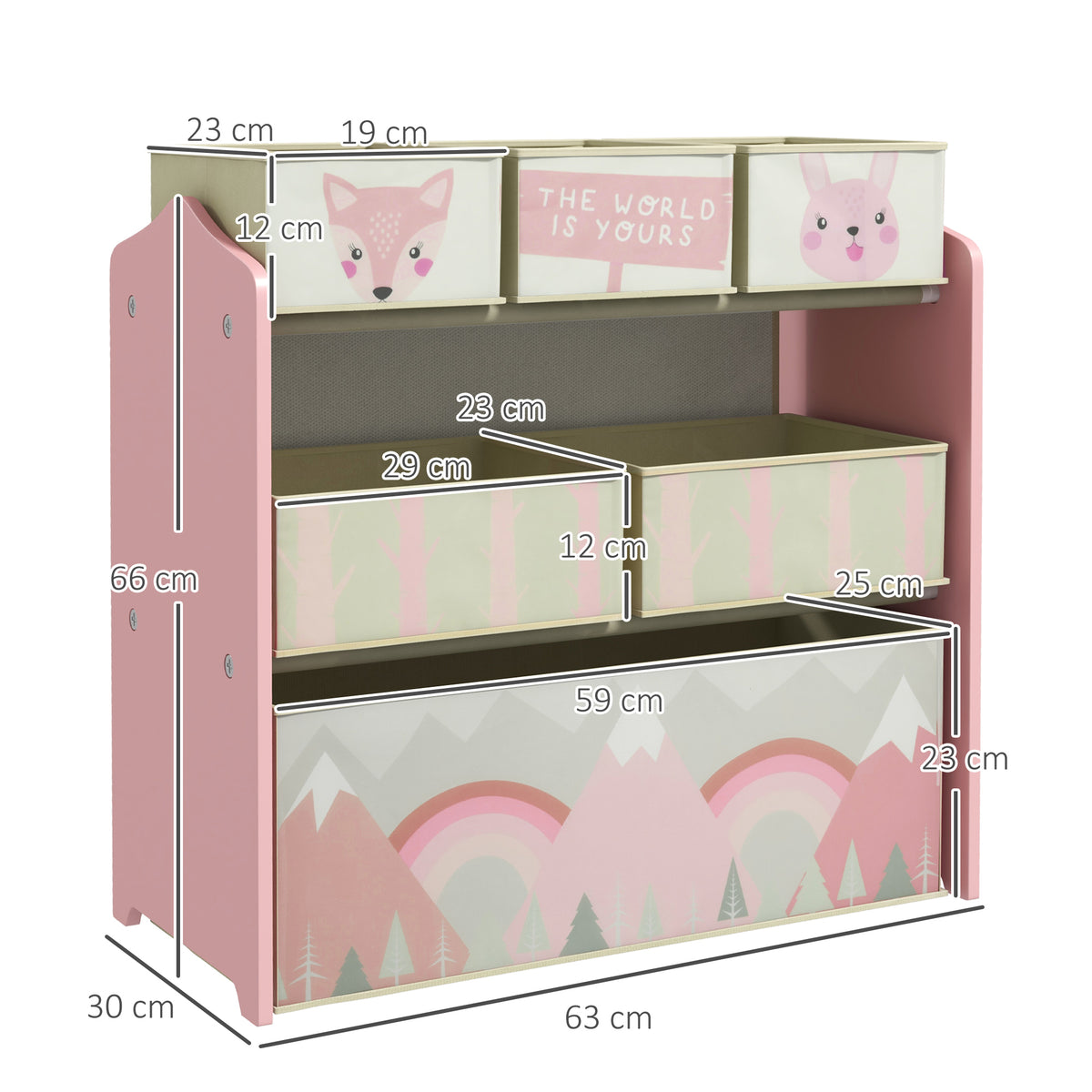 ZONEKIZ Kinderregal mit 6 abnehmbaren Stoffboxen, Spielzeug-Organizer, Regal 63L x 30B x 66H cm