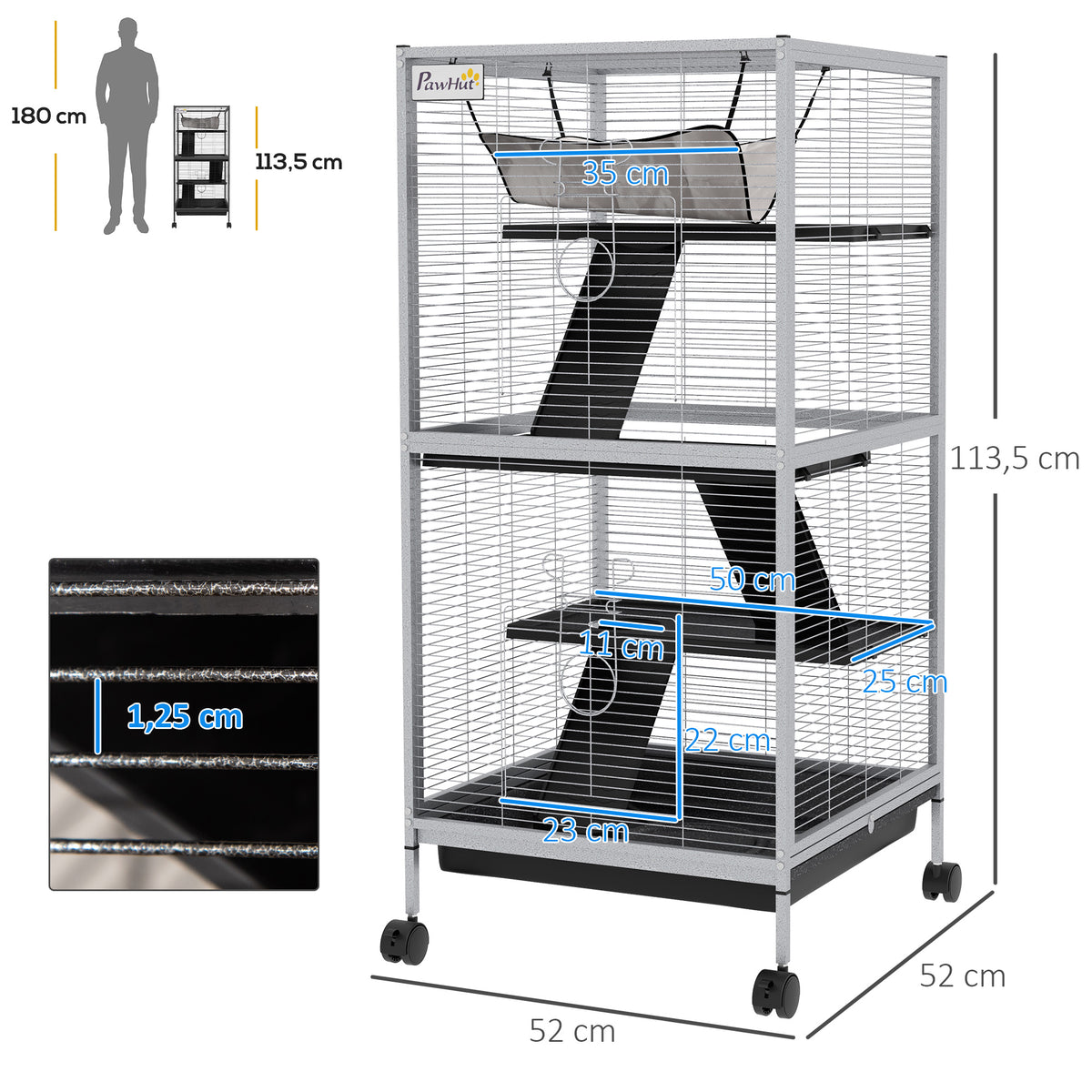 PawHut Käfig für Kleintiere Portable auf 4 Ebenen mit Rollen, 2 Türen, 3 Rampen, Hängematte und herausnehmbarem Tablett