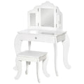 HOMCOM Kinderschminktisch mit Hocker, dreiteiligem Spiegel und ausziehbarer Schublade - Schminktisch Maße 63L x 40B x 85,5H cm - Weiß Acryl