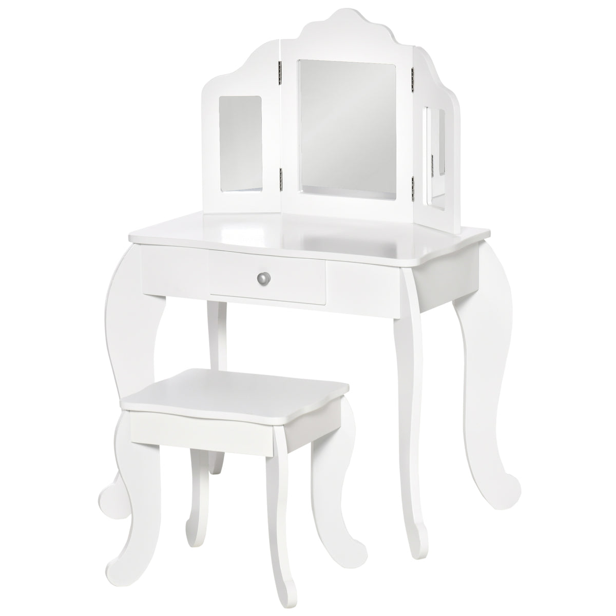 HOMCOM Kinderschminktisch mit Hocker, dreiteiligem Spiegel und ausziehbarer Schublade - Schminktisch Maße 63L x 40B x 85,5H cm - Weiß Acryl