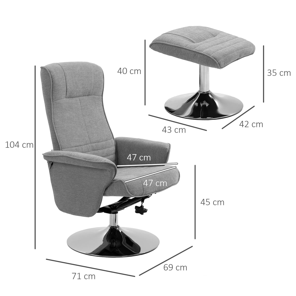 HOMCOM Relaxsessel mit Hocker, drehbar, neigbare Rückenlehne, bis 150 kg, 69 x 71 x 104 cm, Grau