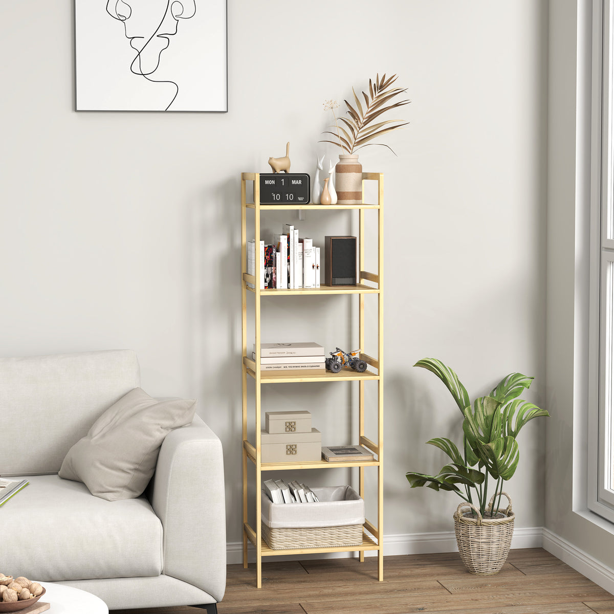 HOMCOM Bambus-Badezimmerregal mit 5 Ebenen, Aufbewahrungsregal mit verstellbaren Regalböden, 43,5 x 31,5 x 142 cm, Naturholz