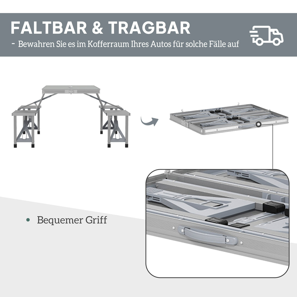 Outsunny Campingtisch Klapptisch mit 4 Stühle Klappbarer Gartentisch aus Aluminium 85,5 x 135cm Grau