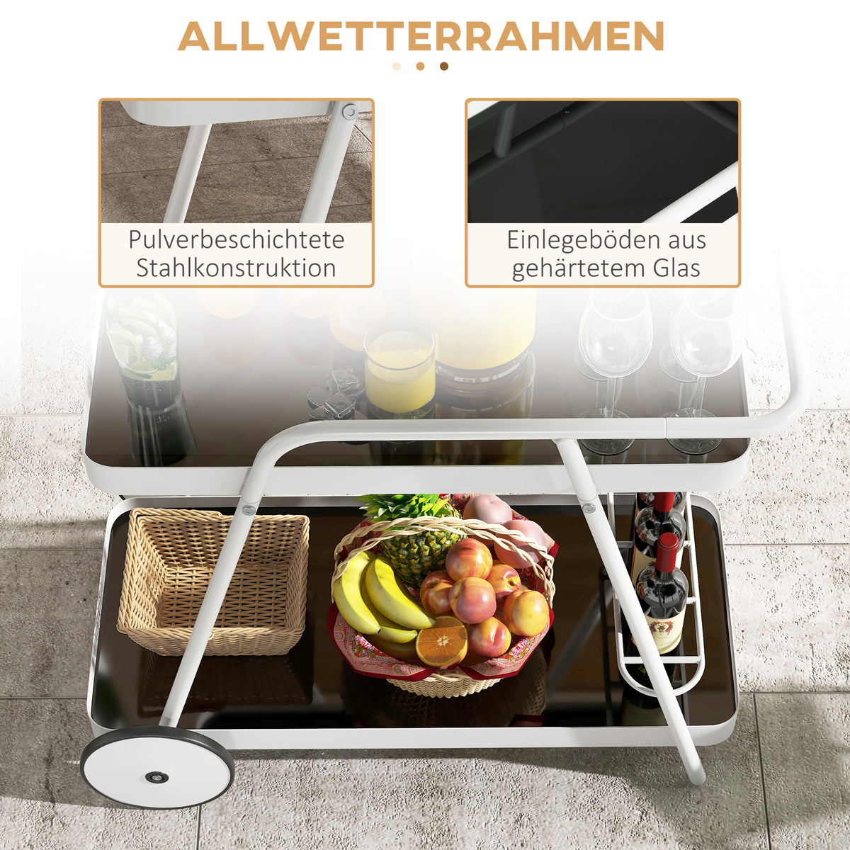 Outsunny Outdoor Servierwagen, 2-stöckig, Weinregal, Stahlrahmen, 86,5 x 51 x 78 cm, Schwarz/Weiß