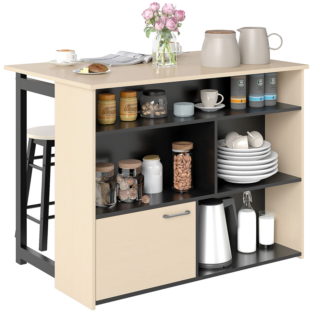 HOMCOM 3-tlg. Barset, Bartisch mit klappbarer Tischplatte, 2 Barhocker, 6 Staufächer, schwarz+Eiche, 116 x 70 x 89,5 cm