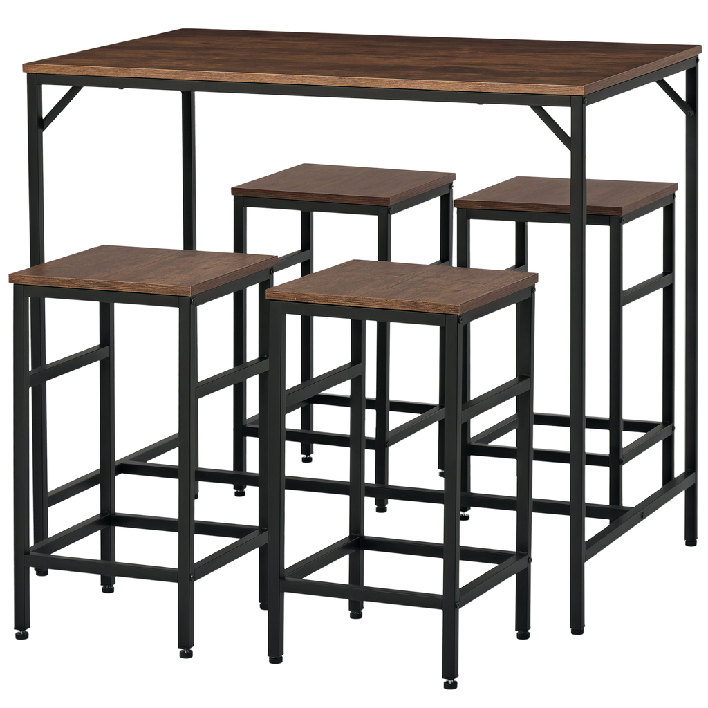 HOMCOM 5-teiliges Bartisch Set Bartisch mit Barhocker-Set Esstisch mit 4 Stühlen Küchentisch für Esszimmer, Küche, Rustikal-Braun+Schwarz