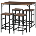 HOMCOM 5-teiliges Bartisch Set Bartisch mit Barhocker-Set Esstisch mit 4 Stühlen Küchentisch für Esszimmer, Küche, Rustikal-Braun+Schwarz