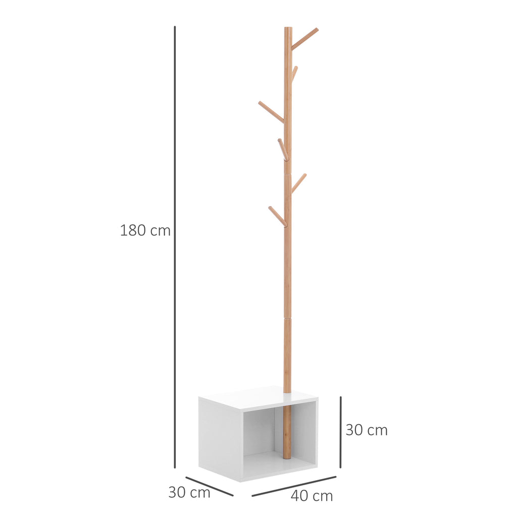 HOMCOM Garderobenständer Kleiderhaken Garderobe mit Sitzbank Stauraum Baum-Design Zweige 6 Haken Bambus Weiß Natur 40 x 30 x 180 cm