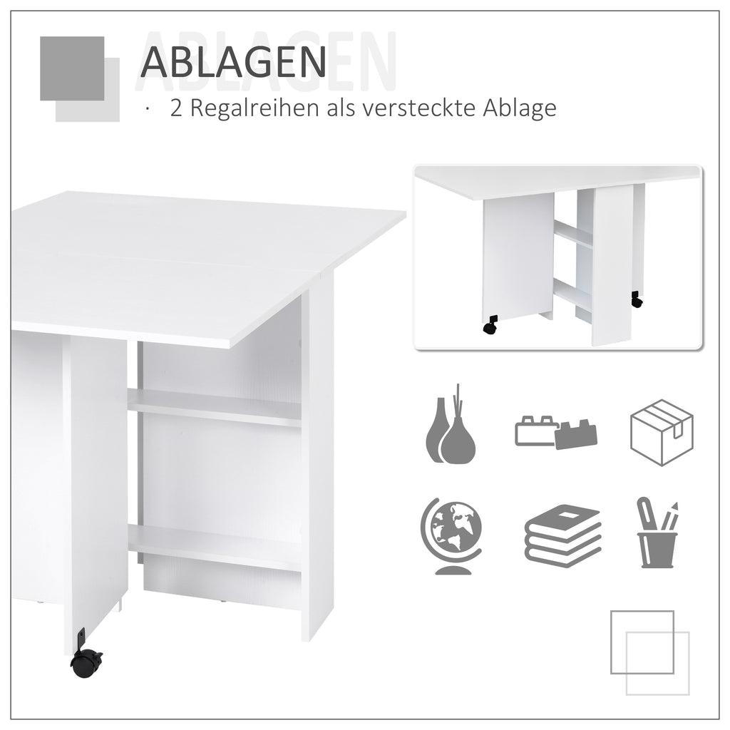 HOMCOM Esstisch, Klapptisch mit Rollen, Schreibtisch, Beistelltisch, Tisch mit Ablagefläche für Esszimmer, Holz, Weiß, 80 x 140 x 74 cm