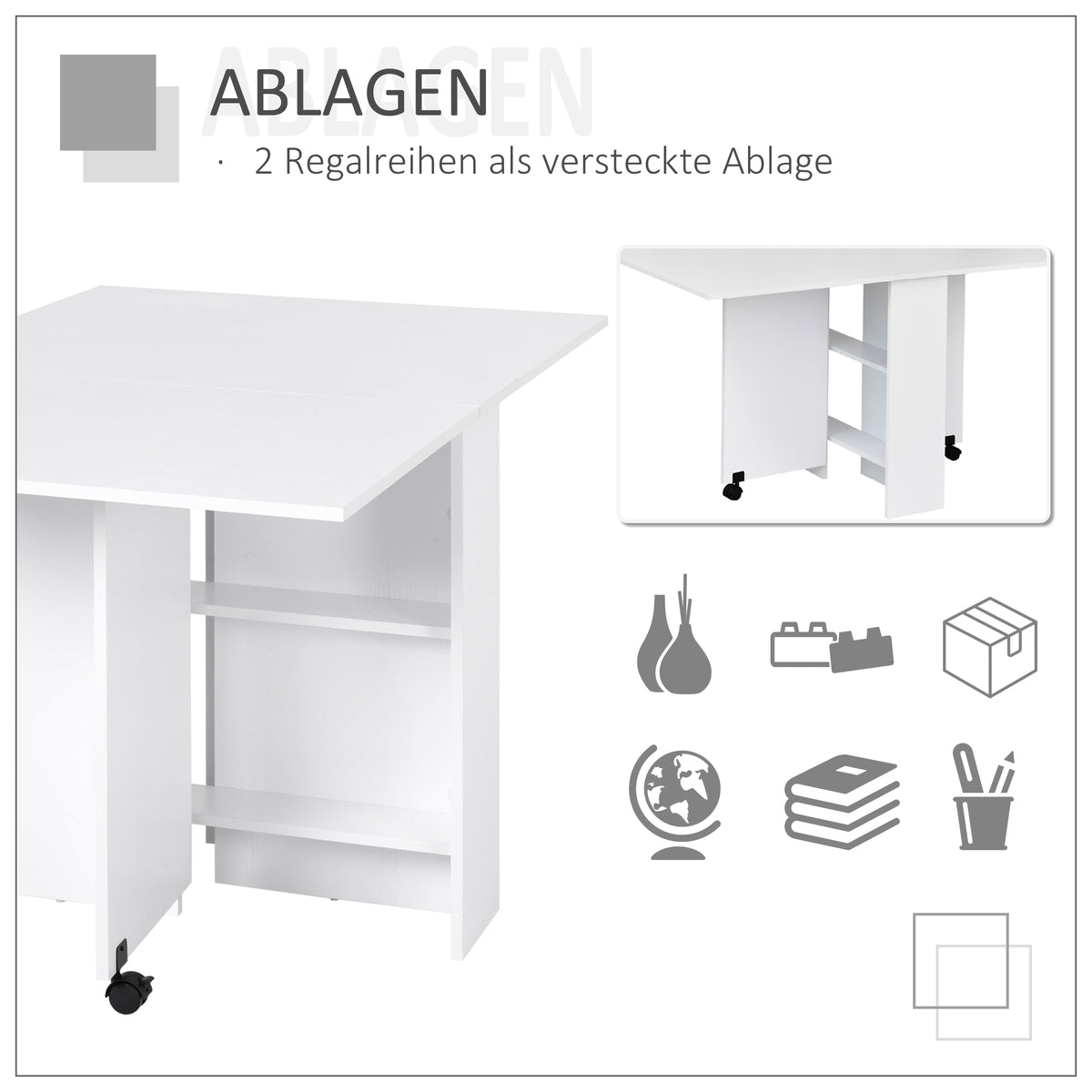 HOMCOM Esstisch, Klapptisch mit Rollen, Schreibtisch, Beistelltisch, Tisch mit Ablagefläche für Esszimmer, Holz, Weiß, 80 x 140 x 74 cm