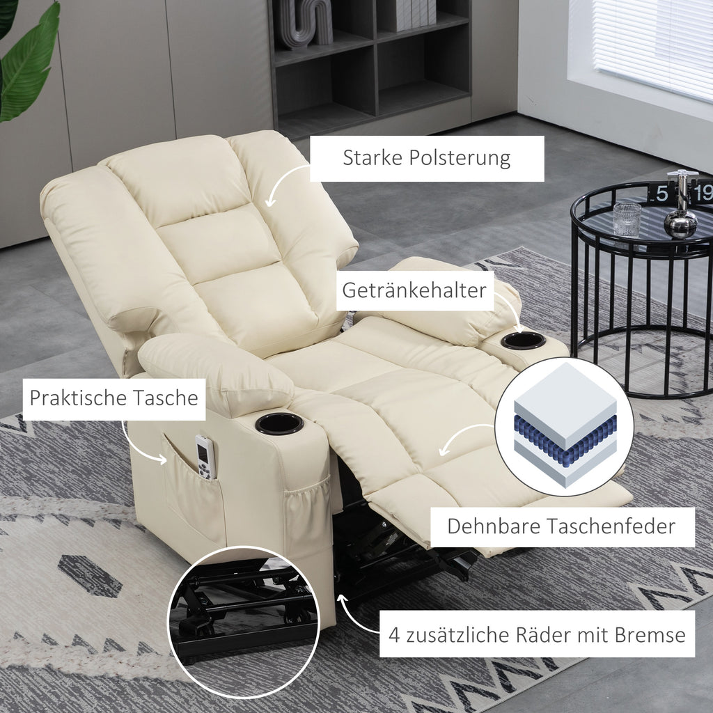 HOMCOM Massagesessel Aufstehhilfe Seniorensessel, inkl. Fernbedienung, 4 Massagemodi, 90  cm x 98 cm x 102 cm, Creme