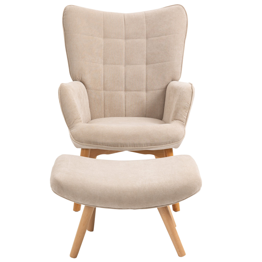HOMCOM Akzentsessel mit Hocker, Relaxsessel in Cord-Optik, Armlehnstuhl mit Holzbeinen, für Wohnzimmer, Beige