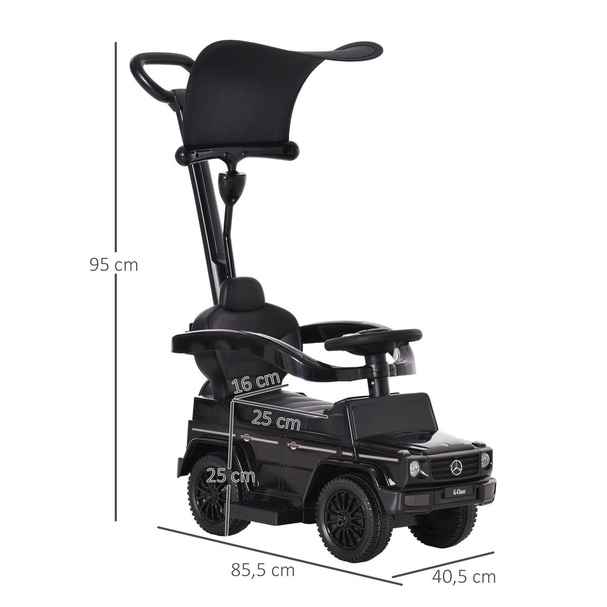 HOMCOM Kinderauto Kinder Multi-Ausgestattet 12-36 Monate Hupe Trittbrett, Sicherheitsbügel und Sonnenschirm Schwarz