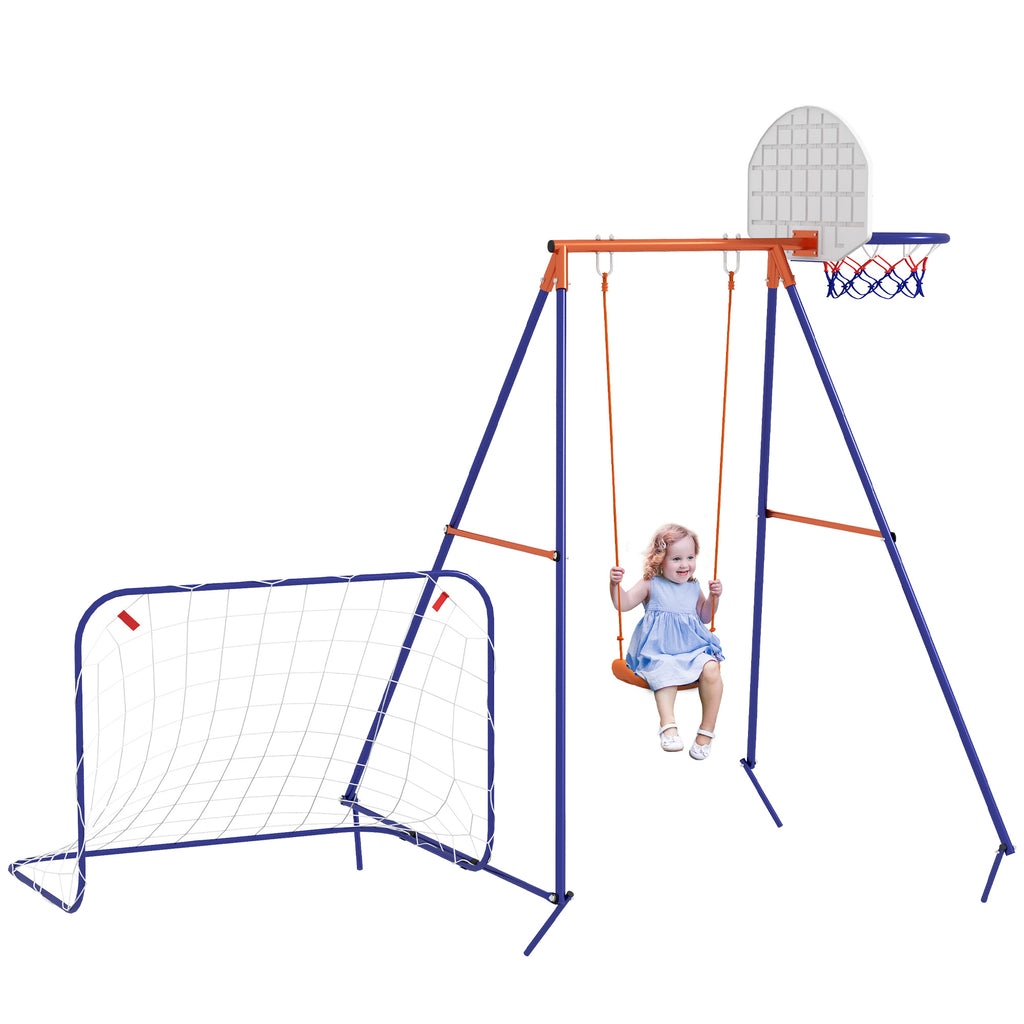 Outsunny Kinderschaukel-Set, Fußballtor, Basketballkorb, für 3 bis 8 Jahre, Stahlgestell