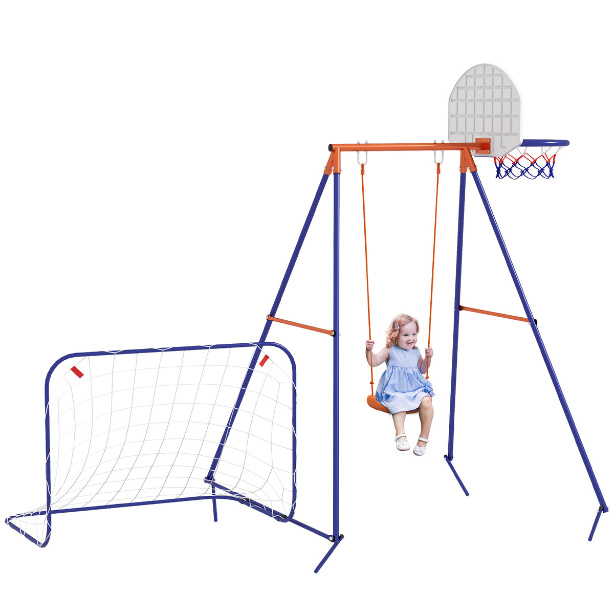 Outsunny Kinderschaukel-Set, Fußballtor, Basketballkorb, für 3 bis 8 Jahre, Stahlgestell