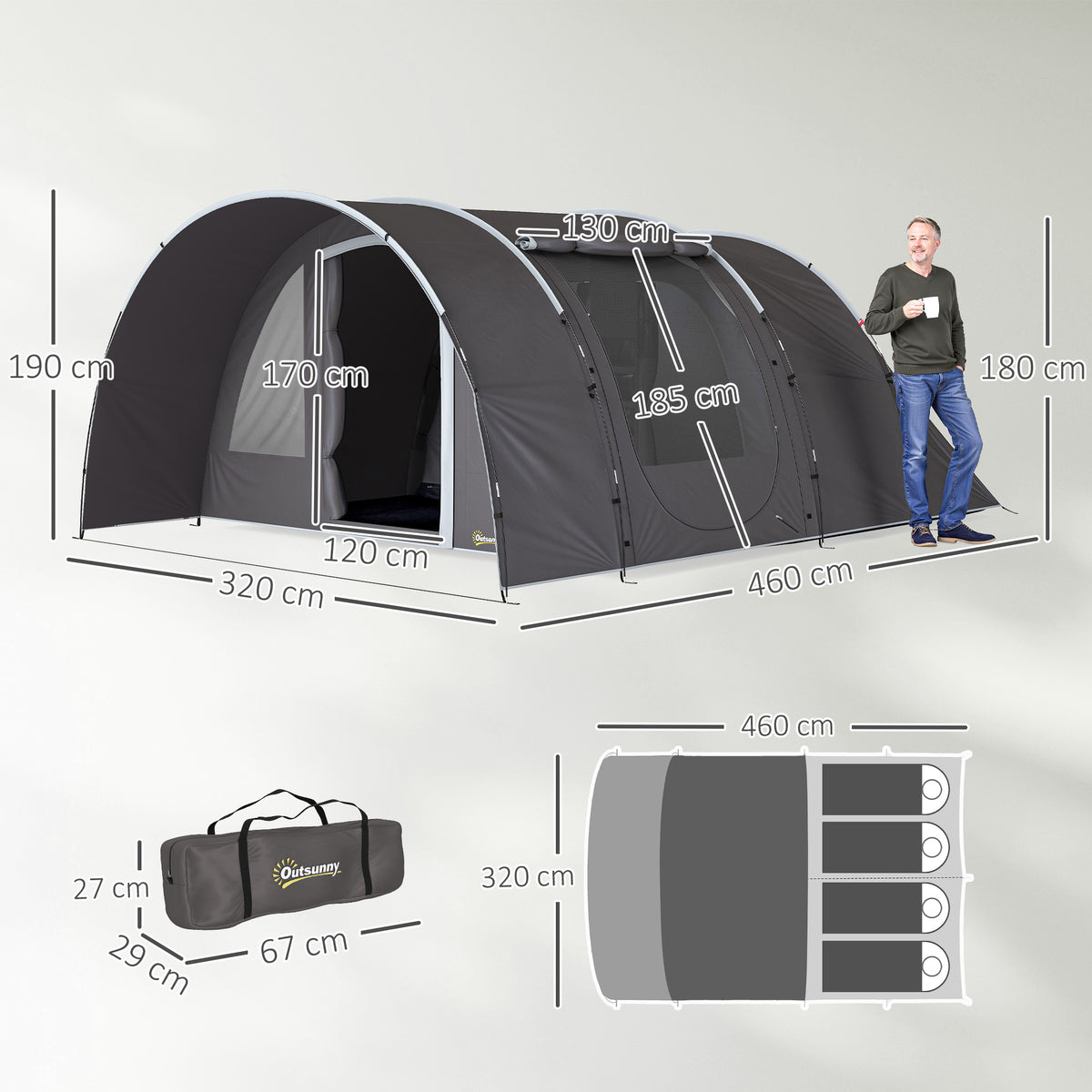 Outsunny Campingzelt mit Vordach für 4 bis 6 Personen, leicht, belüftet, wasserdicht 5.000 mm, einfach zu montieren, Transporttasche Grau