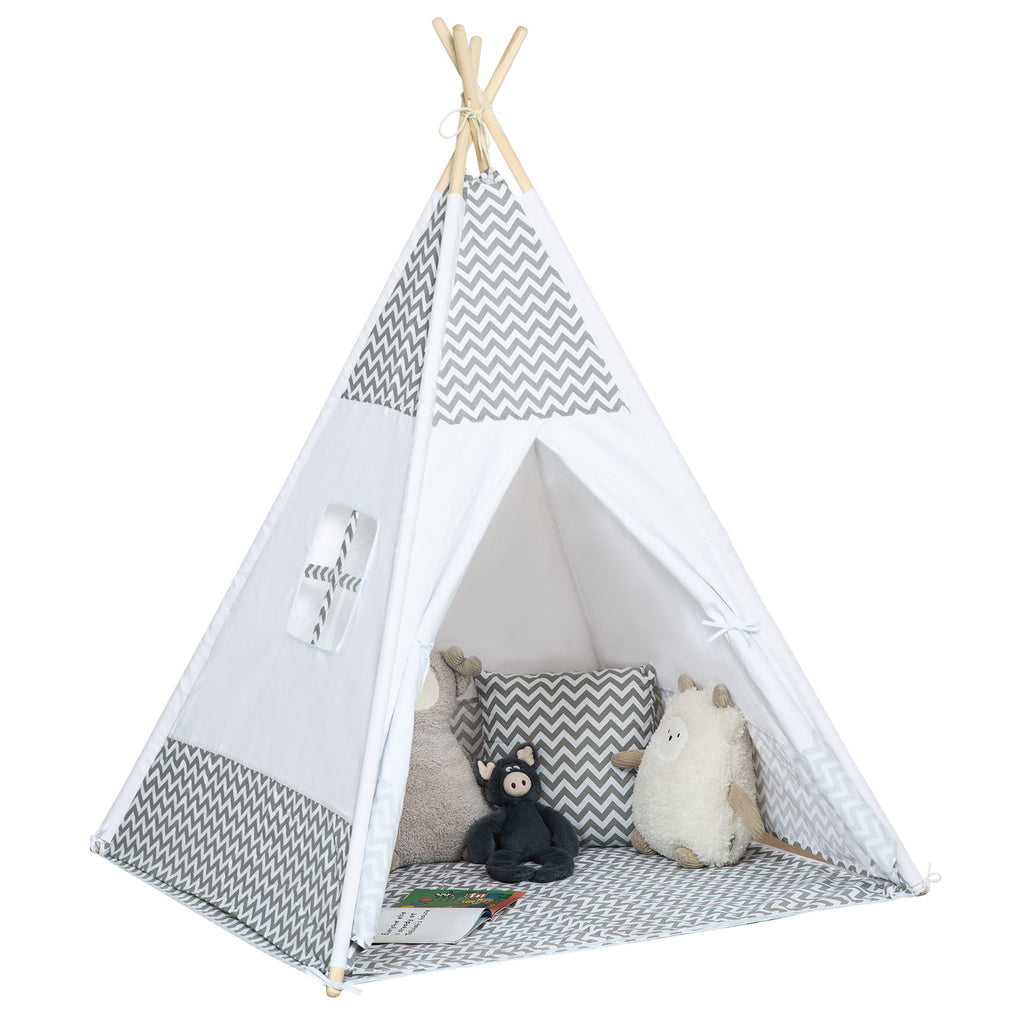 HOMCOM Indianer-Tipi Spielzelt für Kinder Grafikdesign - Maße 1,2L x 1,2B x 1,55H m - Verschließbare Tür Fenster Teppich Kissen Transporttasche inklusive - Innen Außen Grau Weiß