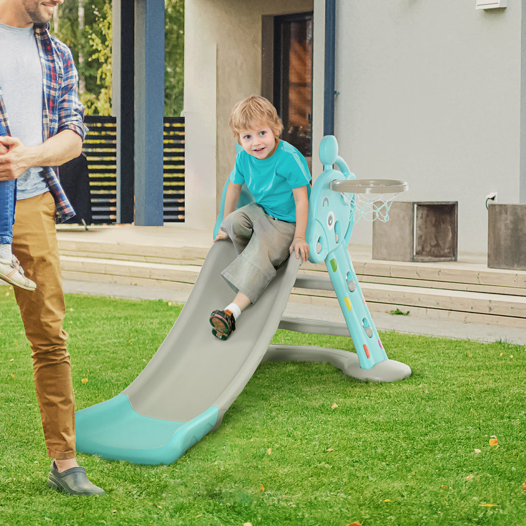 HOMCOM Kinderrutsche mit Basketballkorb faltbare Spielzeugrutsche mit verlängerter Heckkissen Dreiecksstruktur HDPE PP Hellblau+Grau 147 x 82 x 85,5 cm