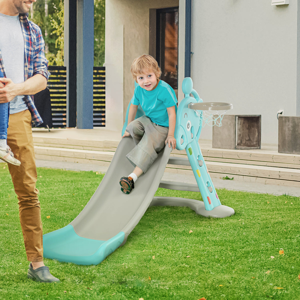 HOMCOM Kinderrutsche mit Basketballkorb faltbare Spielzeugrutsche mit verlängerter Heckkissen Dreiecksstruktur HDPE PP Hellblau+Grau 147 x 82 x 85,5 cm