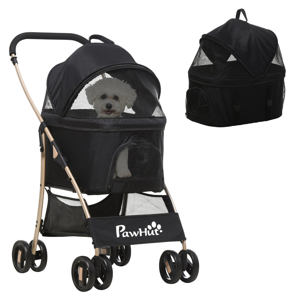 PawHut 2-in-1 Hundewagen und Transportkorb bis 10 kg Klappbar Netzfenster Bodenkorb 82 cm x 49,5 cm x 98 cm Schwarz