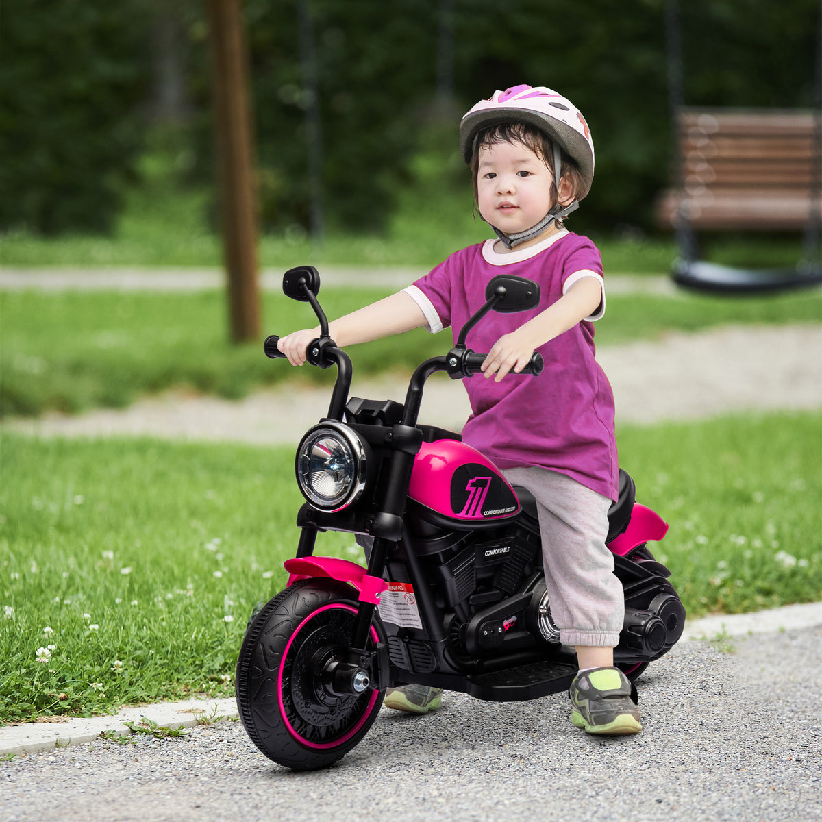 HOMCOM Elektro-Kindermotorrad mit Stützrädern, Scheinwerfer, 1,5 bis 3 km/h, für Kinder 1,5 bis 3 Jahren, pink