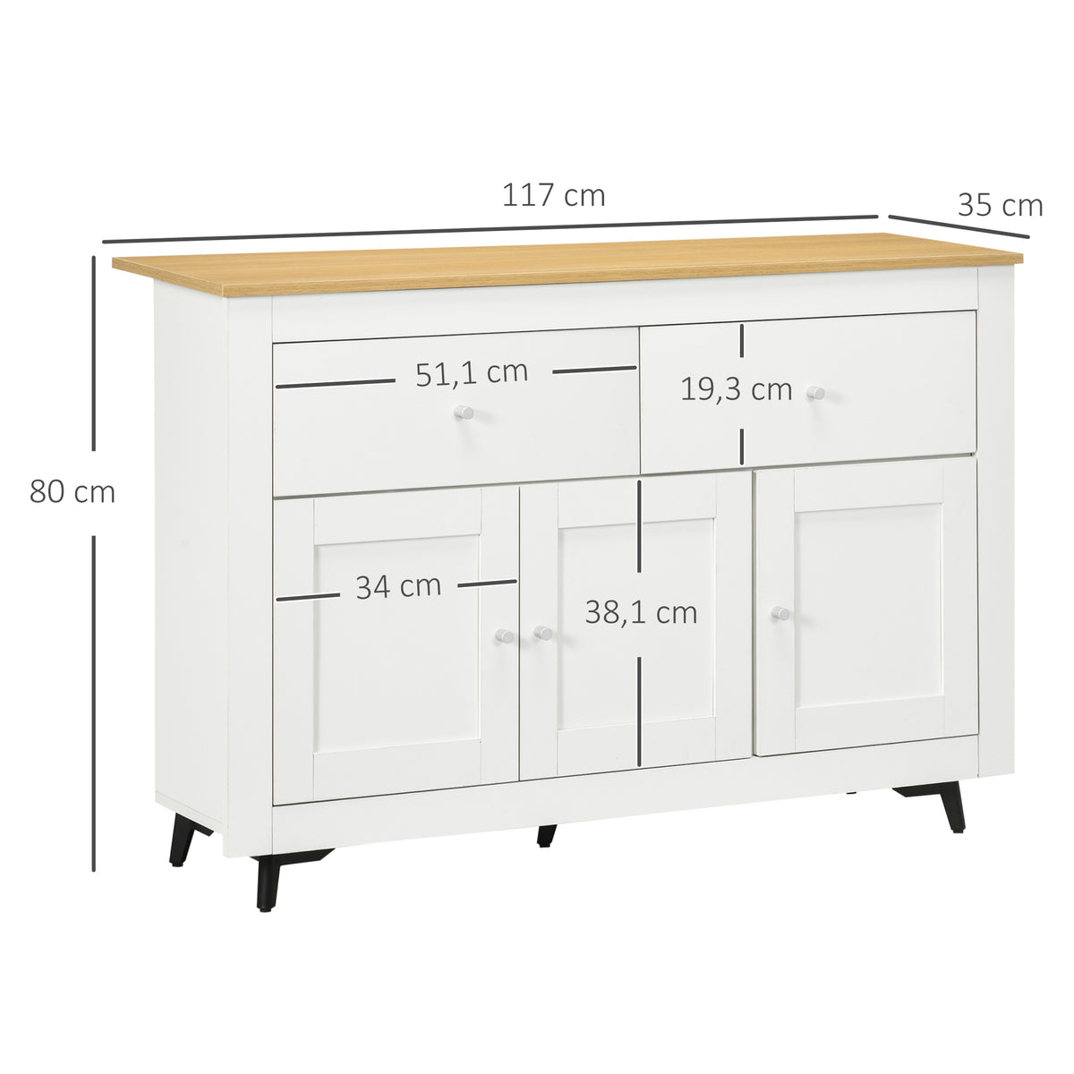 HOMCOM Buffet Küche mit 2 Schubladen 3 Türen und höhenverstellbarem Regal, für Küche, Esszimmer, Wohnzimmer, 117 x 35 x 80 cm, Weiß
