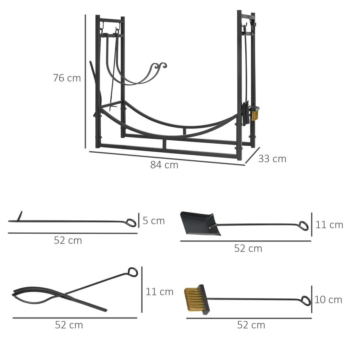 Outsunny Kaminholzregal Holzständer Holzablage mit 4 Haken 2 Schichten Metall Schwarz 84 x 33 x 76 cm