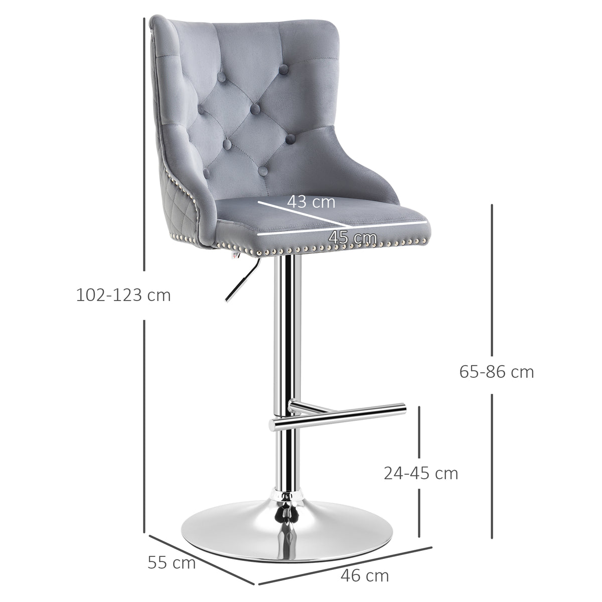HOMCOM Barhocker, Sitzhocker, 2er-Set, höhenverstellbar, drehbarer Sitz, Fußstütze, Stahl, grau, 46 x 55 x 123cm