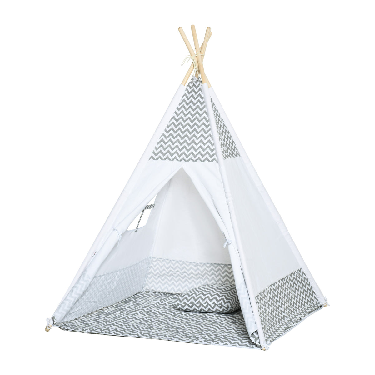 HOMCOM Indianer-Tipi Spielzelt für Kinder Grafikdesign - Maße 1,2L x 1,2B x 1,55H m - Verschließbare Tür Fenster Teppich Kissen Transporttasche inklusive - Innen Außen Grau Weiß