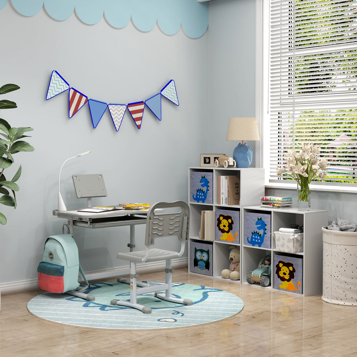 ZONEKIZ Kinderregal Bibliothek 6 Fächer 3 Würfel Stoffkörbe mit Tiermotiven für Kinderzimmer 62 x 30 x 91,5 cm weiß