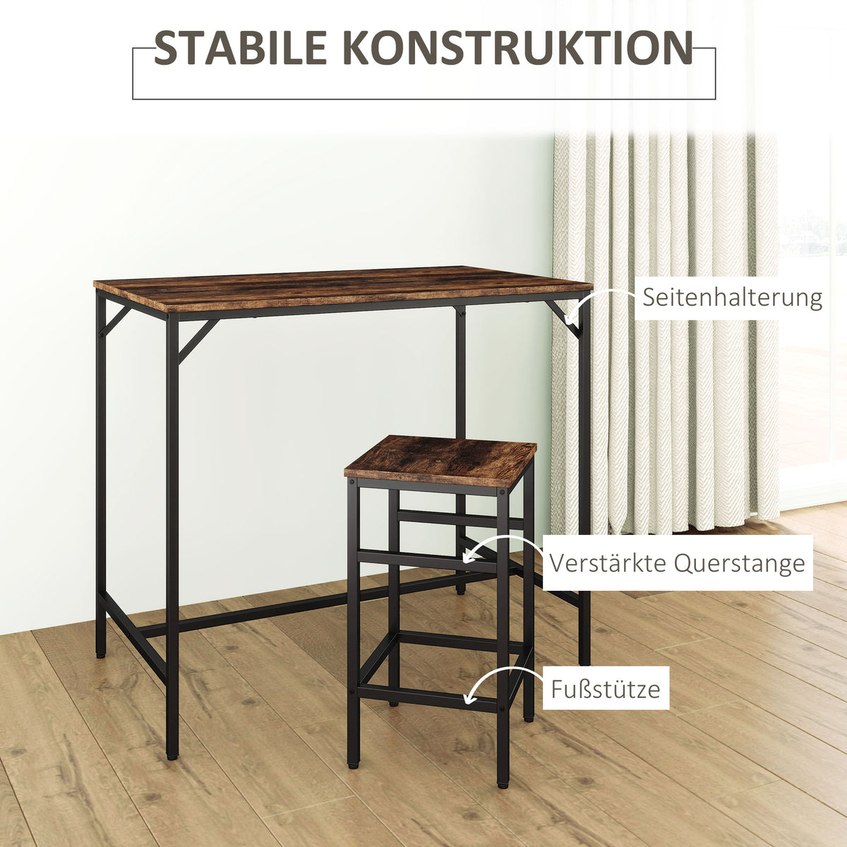 HOMCOM 5-teiliges Bartisch Set Bartisch mit Barhocker-Set Esstisch mit 4 Stühlen Küchentisch für Esszimmer, Küche, Rustikal-Braun+Schwarz